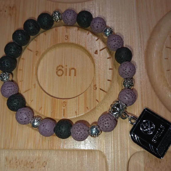 Witchy Spell Book Charm And Lava Stone Beaded Bracelet - Violet and Black - Picture 4 of 4